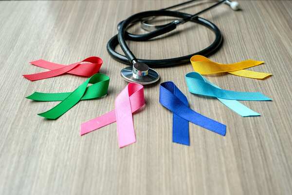 A series of differnt colour cancer ribbons